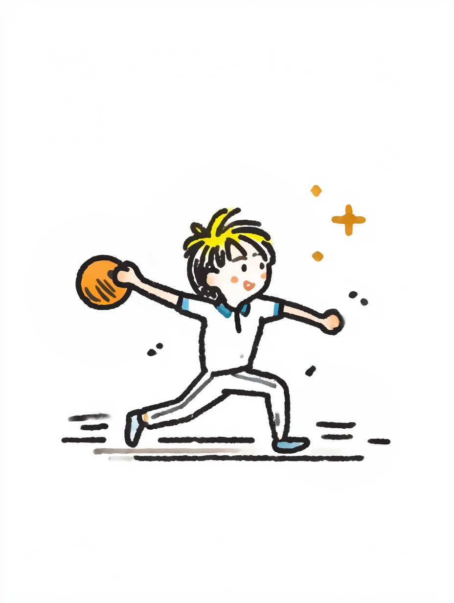 おしゃれ手書きのボウリング｜ボールを投げる瞬間の動きをとらえたアクティブなイラスト。おしゃれ手書きの元気な色使いが、勢いと勝負のワクワク感を演出しています。