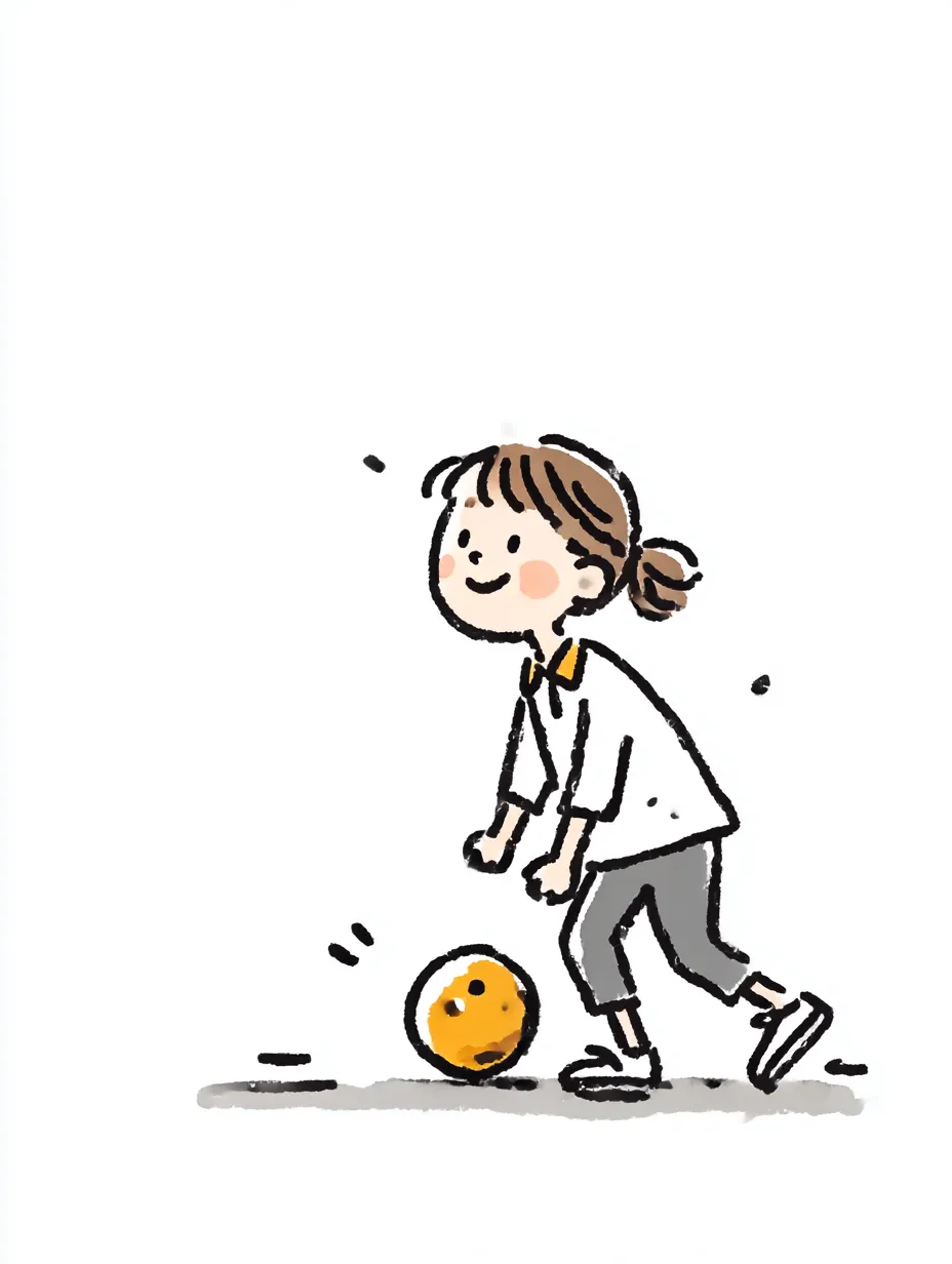 おしゃれ手書きのボウリングの女の子｜やわらかな線とシンプルな色づかいで、元気にボウリングを楽しむ女の子の姿を描いたおしゃれ手書きのスタイル。可愛らしさと親しみやすさが伝わります。