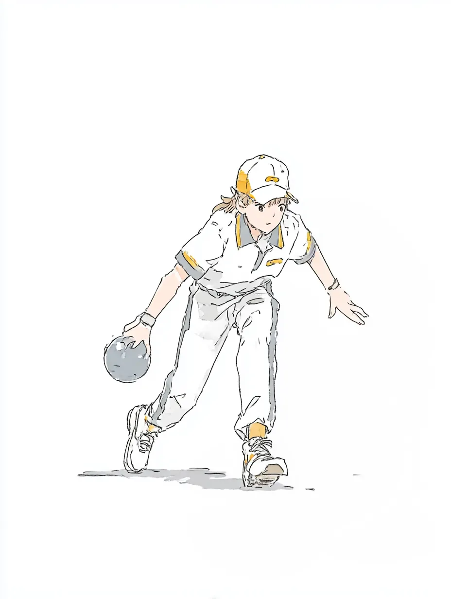 おしゃれ手書きのボウリング選手｜白を基調とした爽やかな配色で、動きのあるフォームを表現したおしゃれ手書きのイラスト。洗練された印象とスポーティさが際立ちます。