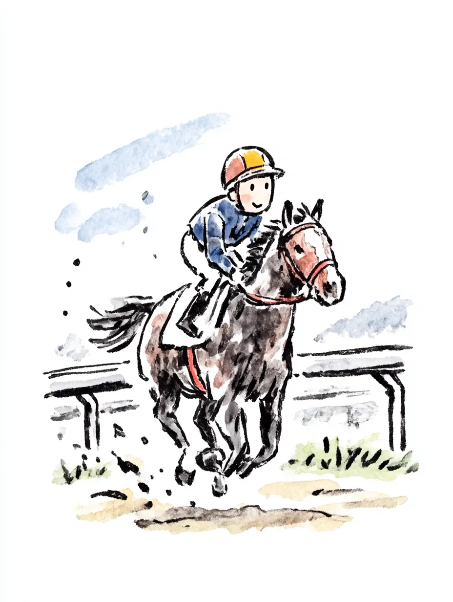 おしゃれ手書きの競馬ジョッキー｜水彩風のタッチで、疾走する馬と騎手の一体感を活き活きと描いたおしゃれ手書きの作品。スピード感と柔らかさが魅力です。
