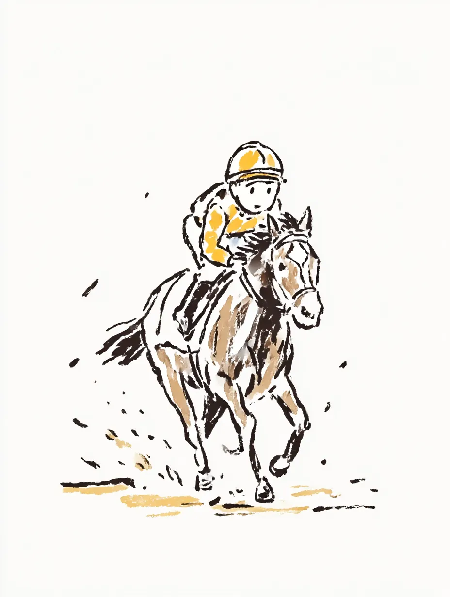 おしゃれ手書きの競馬レース風景｜線の勢いと塗りのにじみが印象的な、おしゃれ手書きのテイストで競馬の臨場感を表現。力強さと素朴な味わいが同居しています。