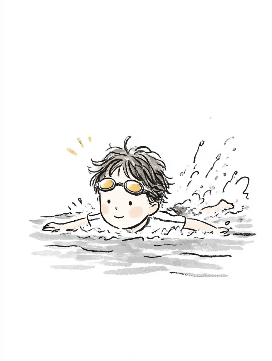 おしゃれ手書きの水泳スイミング男子｜線の軽やかさと水しぶきの表現が楽しい、おしゃれ手書きの水泳シーン。シンプルながら動きが感じられる明るいタッチが印象的です。