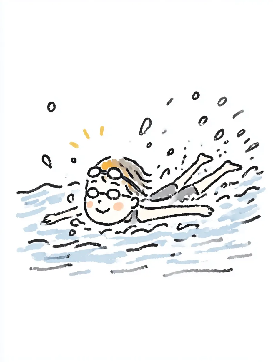 おしゃれ手書きの水泳スイミング女子｜やさしい色合いと元気な表情で描かれた、おしゃれ手書きの水泳イラスト。水の描写も親しみやすく、にぎやかで楽しげな雰囲気です。