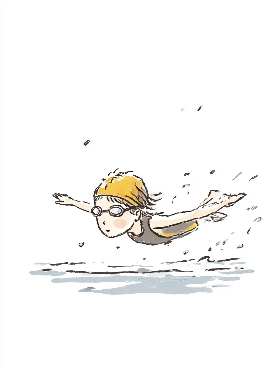 おしゃれ手書きの水泳バタフライ選手｜シャープなフォームと水面の広がりを活かした、おしゃれ手書きのバタフライ描写。静けさの中に力強さが宿る印象的な一枚です。