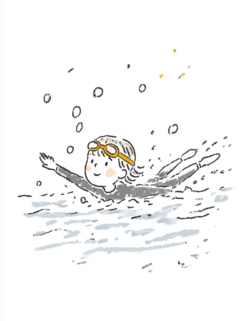 おしゃれ手書きの水泳バタフライ女子｜勢いよく泳ぐ姿を、手描きの温もりと線のアクセントで表現したおしゃれ手書きのバタフライイラスト。水のはじける様子が爽快です。
