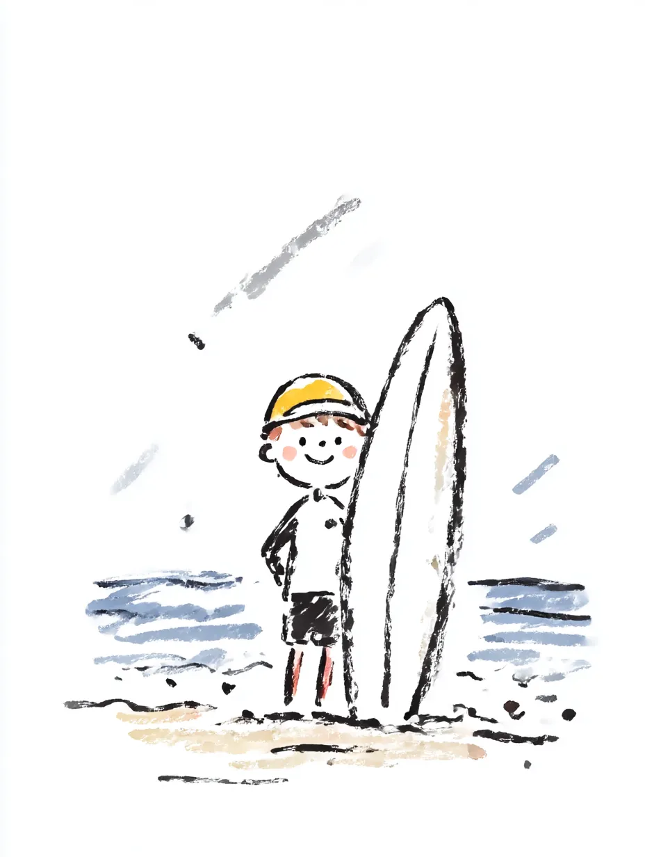 おしゃれ手書きのサーフィン少年｜クレヨン風の線とざっくりした色づかいで、海辺に立つ少年とサーフボードを描いたおしゃれ手書きのタッチ。素朴で温かみのある夏の印象です。