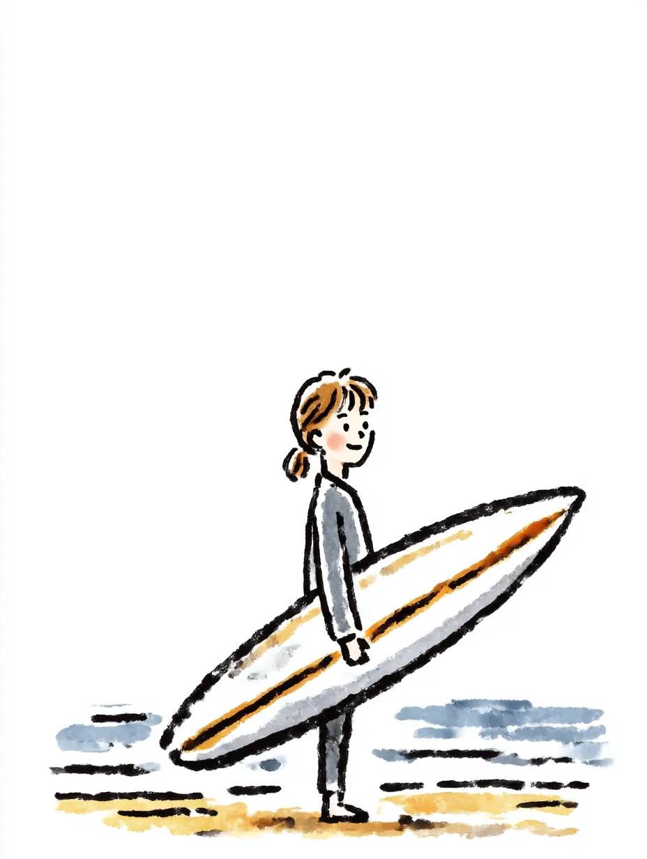 おしゃれ手書きのサーフィン女子｜やわらかい色味と手描き線が心地よい、おしゃれ手書きの海辺のサーファー。穏やかな空気感と自然体の姿が印象に残ります。