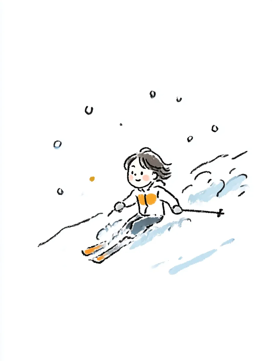 おしゃれ手書きのスキー滑走シーン｜雪の粒や滑る軌道まで丁寧に表現された、おしゃれ手書きのスキー場風景。楽しさが伝わるやわらかな筆致が魅力です。