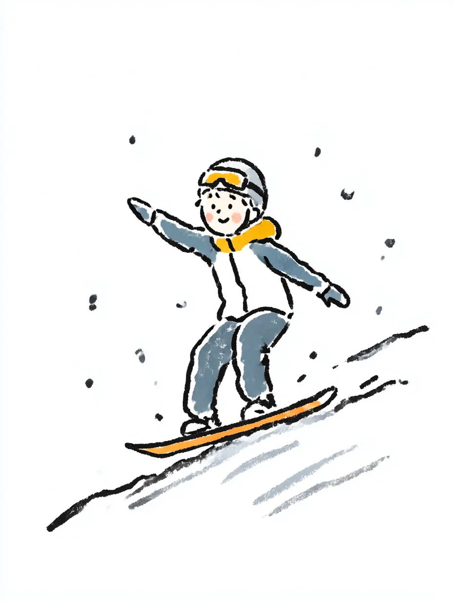 おしゃれ手書きのスノボ男子｜落ち着いた配色としっかりした線で、雪の中を滑る姿を丁寧に描いたおしゃれ手書きのスノボシーン。やわらかさと冬の楽しさが伝わります。
