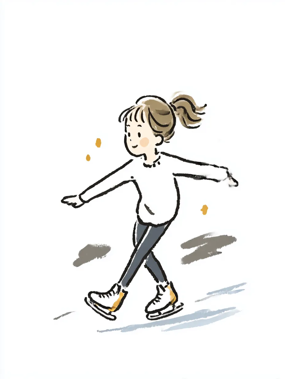 おしゃれ手書きのスケート女子｜リンクを軽やかに舞う姿を、やさしい線と最小限の色づかいで描いたおしゃれ手書きのスタイル。可憐で楽しげな空気がただよいます。
