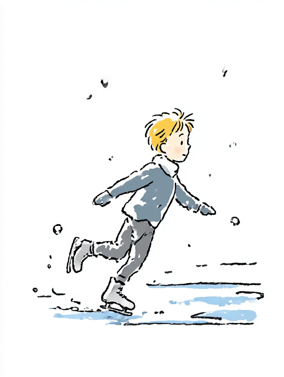 おしゃれ手書きのスケート少年｜凛とした表情とスッキリした背景で、氷上を滑る一瞬をとらえたおしゃれ手書きのスケート作品。静かな集中力がにじみます。