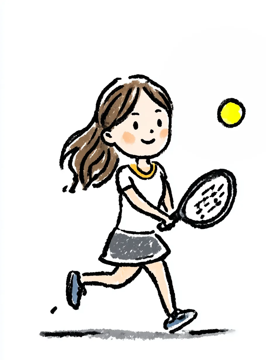 おしゃれ手書きのテニス｜元気に走る女の子がラケットを構える構図。やわらかい線と軽快な色使いが魅力で、動きと爽やかさが共存。おしゃれ手書きの表現で楽しい空気を引き出しています。