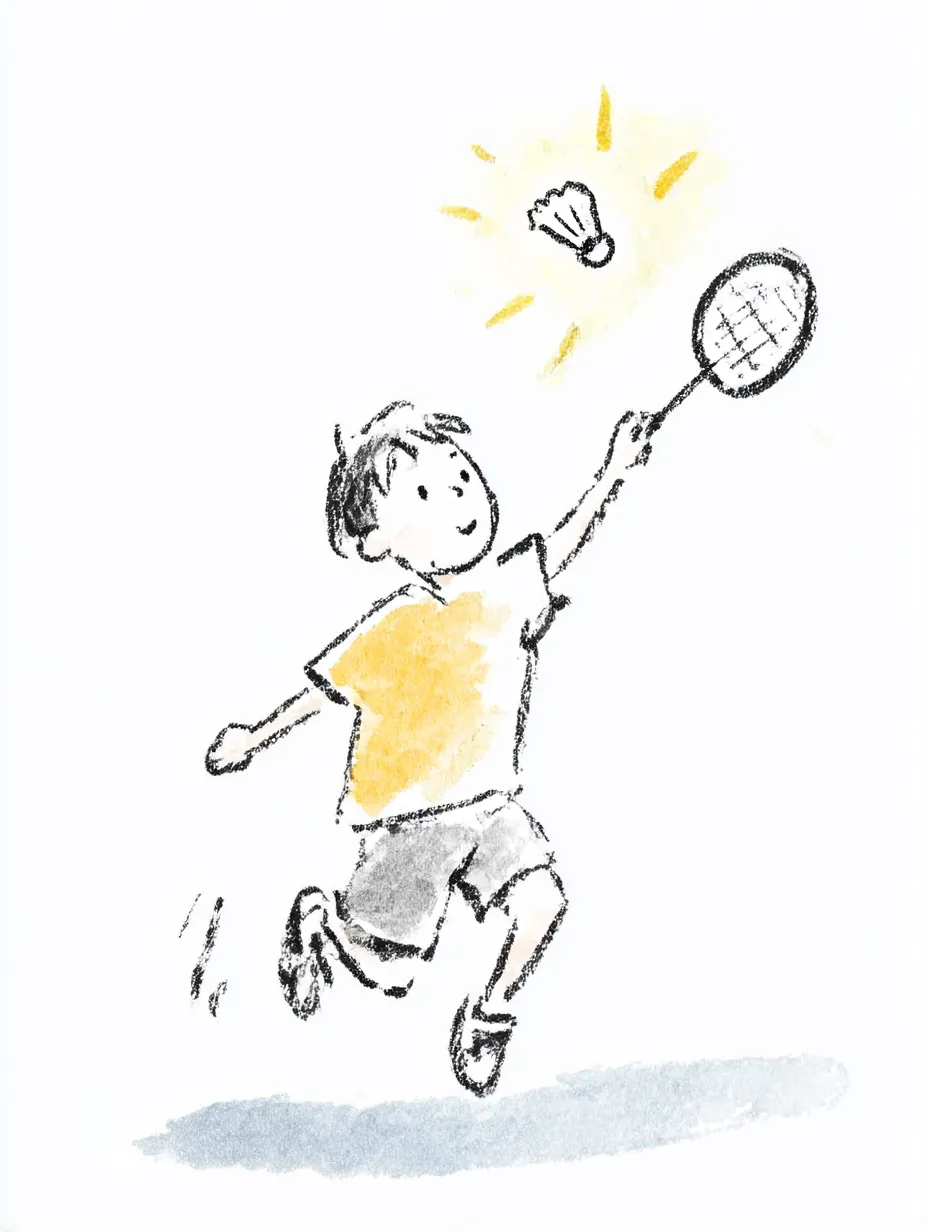 おしゃれ手書きのバドミントン｜軽やかにジャンプする男の子の動きが生きたタッチで描かれ、シンプルながらも動勢が伝わる構成。おしゃれ手書きの表情で明るい雰囲気が広がります。