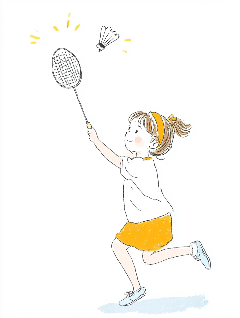 おしゃれ手書きのバドミントン｜鮮やかなオレンジの衣装が印象的な女の子がスマッシュを決める瞬間を描写。おしゃれ手書きのやさしい線と構図が元気なシーンをやわらかく包んでいます。