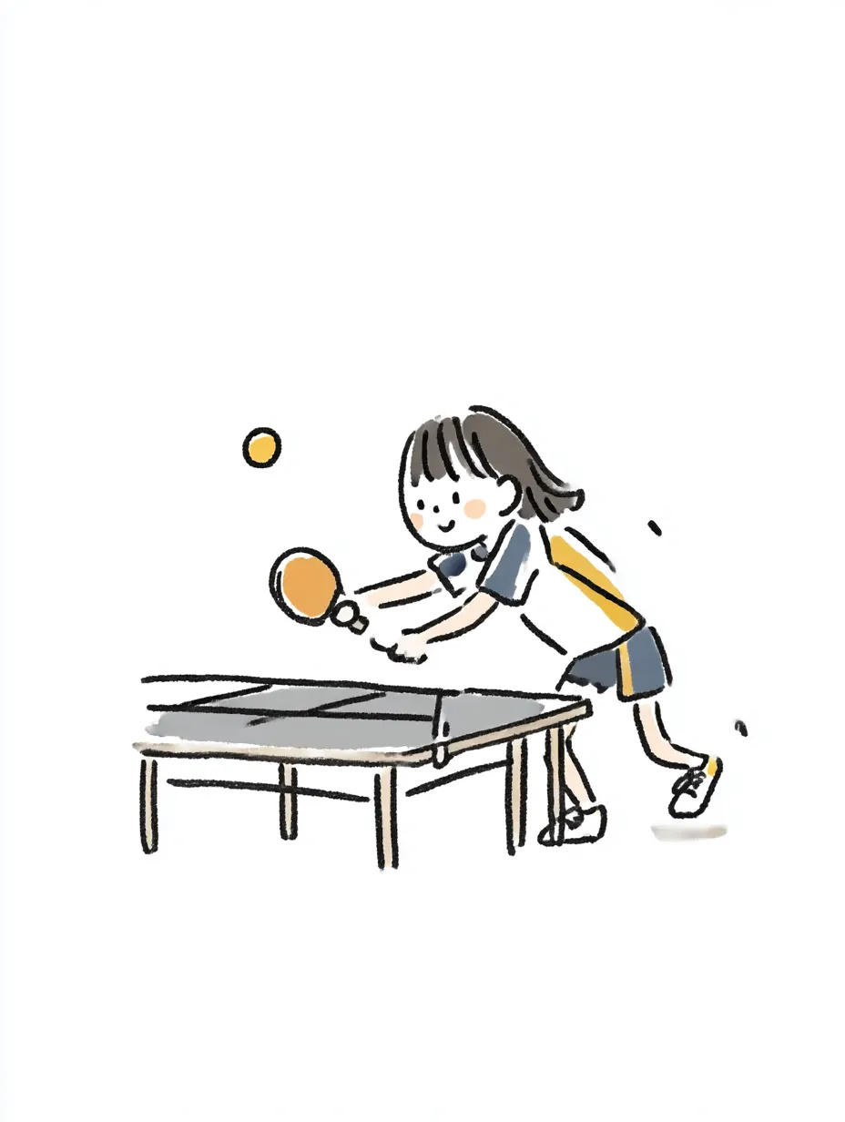 おしゃれ手書きの卓球｜女の子がネット際でボールに集中する瞬間を描写。色味のコントラストが柔らかく、動きの中にも落ち着きを感じるおしゃれ手書きのタッチが印象的です。