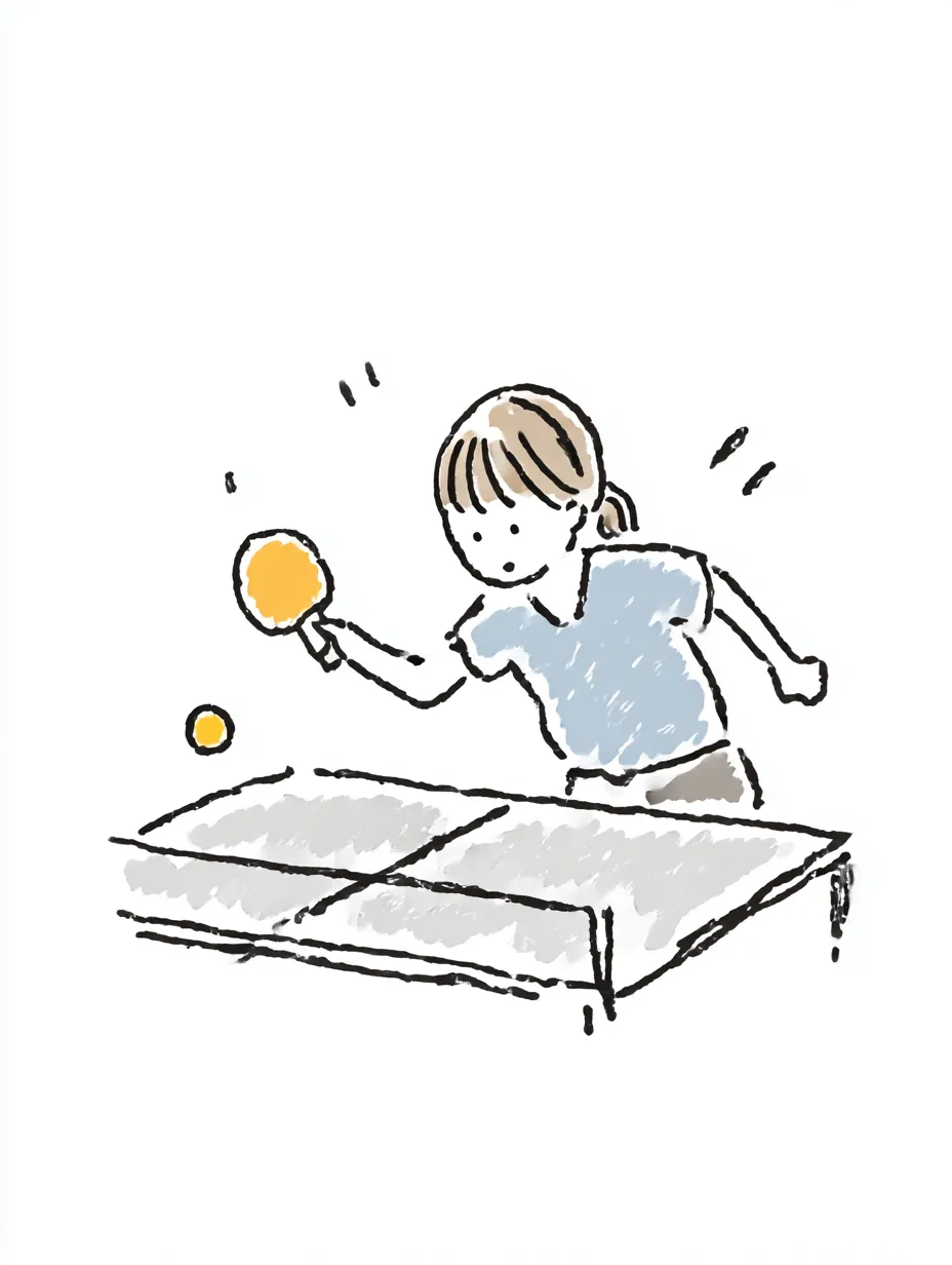 おしゃれ手書きの卓球｜淡くざっくりした質感が特徴的なラフ塗りスタイルで、動きと緊張感をやさしく表現。おしゃれ手書きのタッチが、日常のスポーツシーンに親しみを与えます。