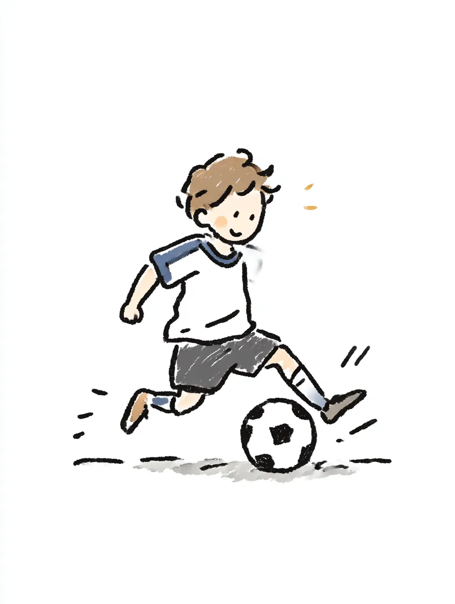 おしゃれ手書きのサッカー少年｜元気に走る姿を描いたおしゃれ手書きのサッカー少年。線の揺らぎや色のバランスが絶妙で、日常の一場面をやさしく印象づけます。