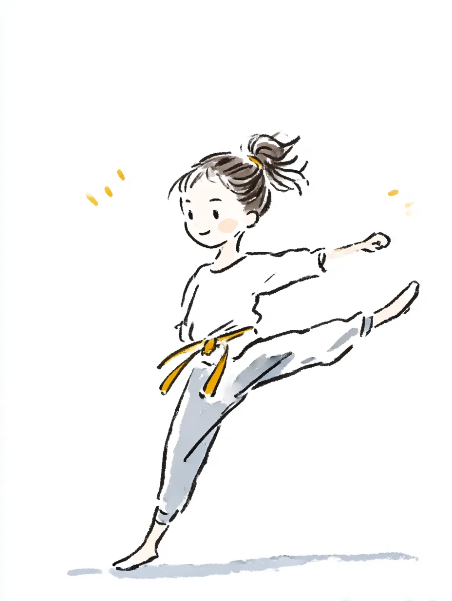 おしゃれ手書きのダンス｜伸びやかなキックポーズが軽快に描かれた構図。シンプルな配色とバランスの取れた線が魅力で、おしゃれ手書きの魅力が動きに優しさを添えています。