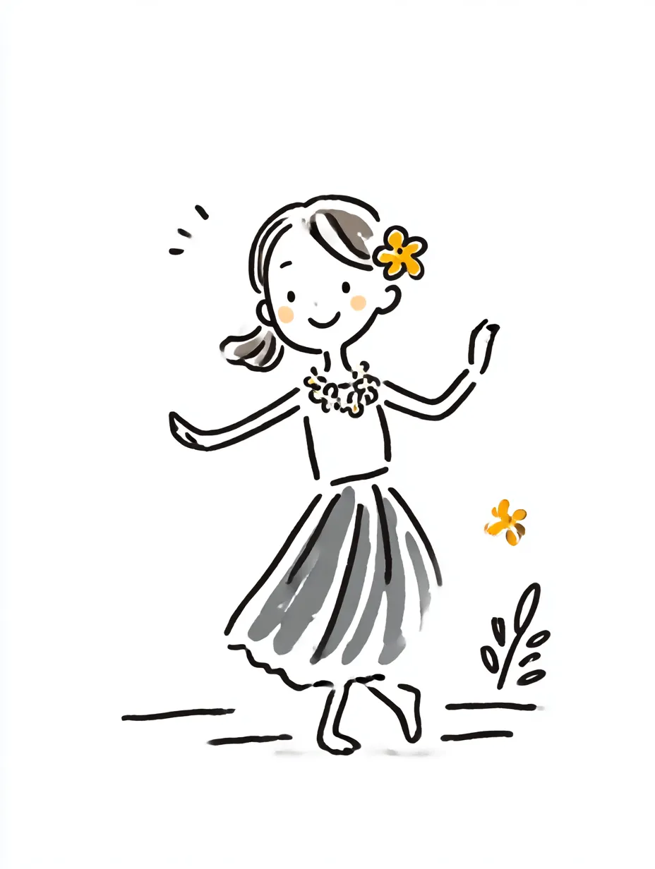 おしゃれ手書きのフラダンス｜やわらかなポーズと揺れるスカートが目を引くデザイン。花や植物の装飾がナチュラルで、おしゃれ手書きのトーンが南国の雰囲気を引き立てます。