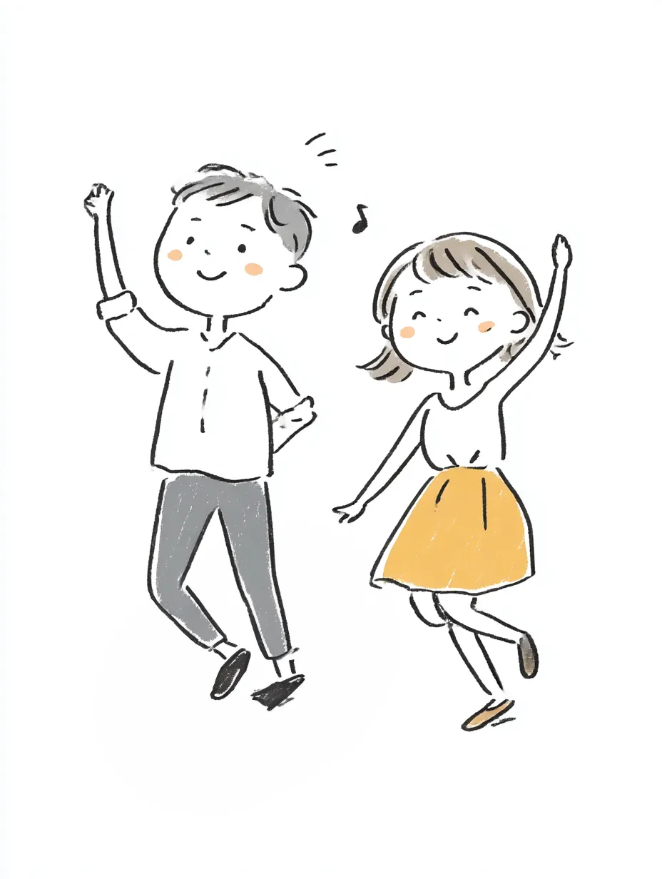 おしゃれ手書きの社交ダンス｜くるくると踊る姿がほほえましく、楽しい雰囲気に満ちたデザイン。おしゃれ手書きのやさしい線と明るい表情が見る人に元気を届けます。