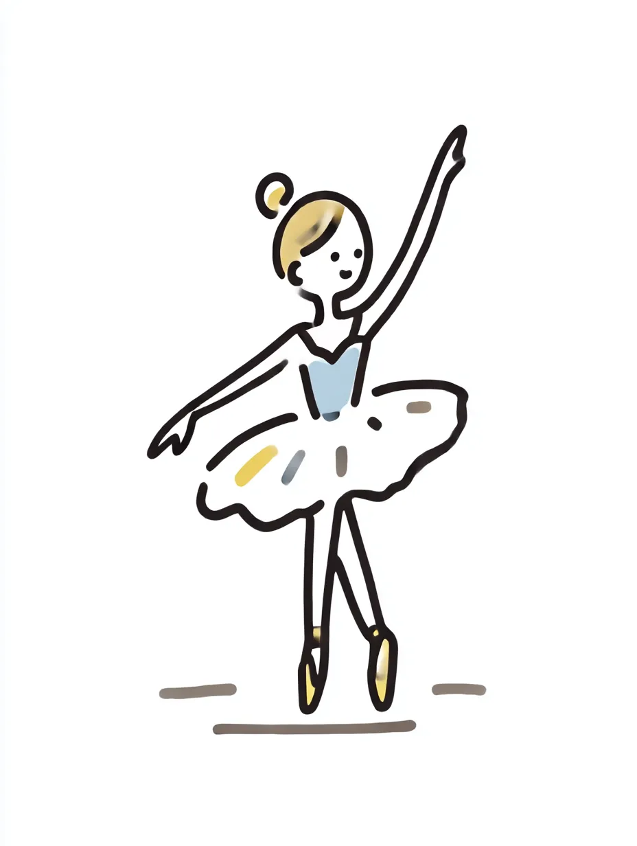 おしゃれ手書きのバレエ｜細い線と軽快な配色でポーズの美しさを際立たせたデザイン。最小限の装飾で優雅さが伝わり、おしゃれ手書きのタッチが清潔感と品を感じさせます。