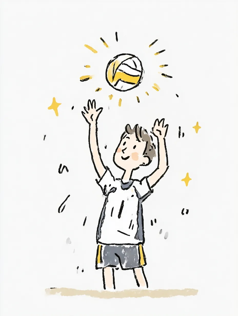 おしゃれ手書きのハンドボール｜ボールを高く構えた元気な男の子が描かれ、明るく楽しげなタッチ。背景のキラキラ感がリズムを生み、おしゃれ手書きの魅力がのびのびと表れています。