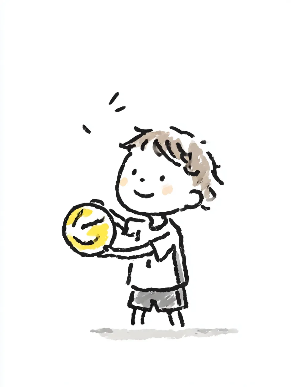 おしゃれ手書きのドッジボール少年｜柔らかな線とやさしい色づかいが印象的なおしゃれ手書きのタッチで、ドッジボールを持つ男の子の素朴な表情を描いています。親しみやすく温かみのある雰囲気です。