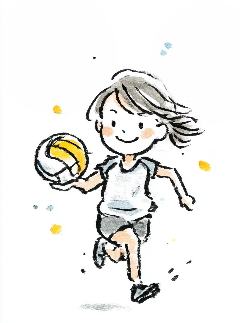 おしゃれ手書きのドッジボール少女｜躍動感あるポーズでボールを持って走る少女を、おしゃれ手書きのスタイルで元気よく表現。ラフな線と淡い色が軽やかさを引き立てています。