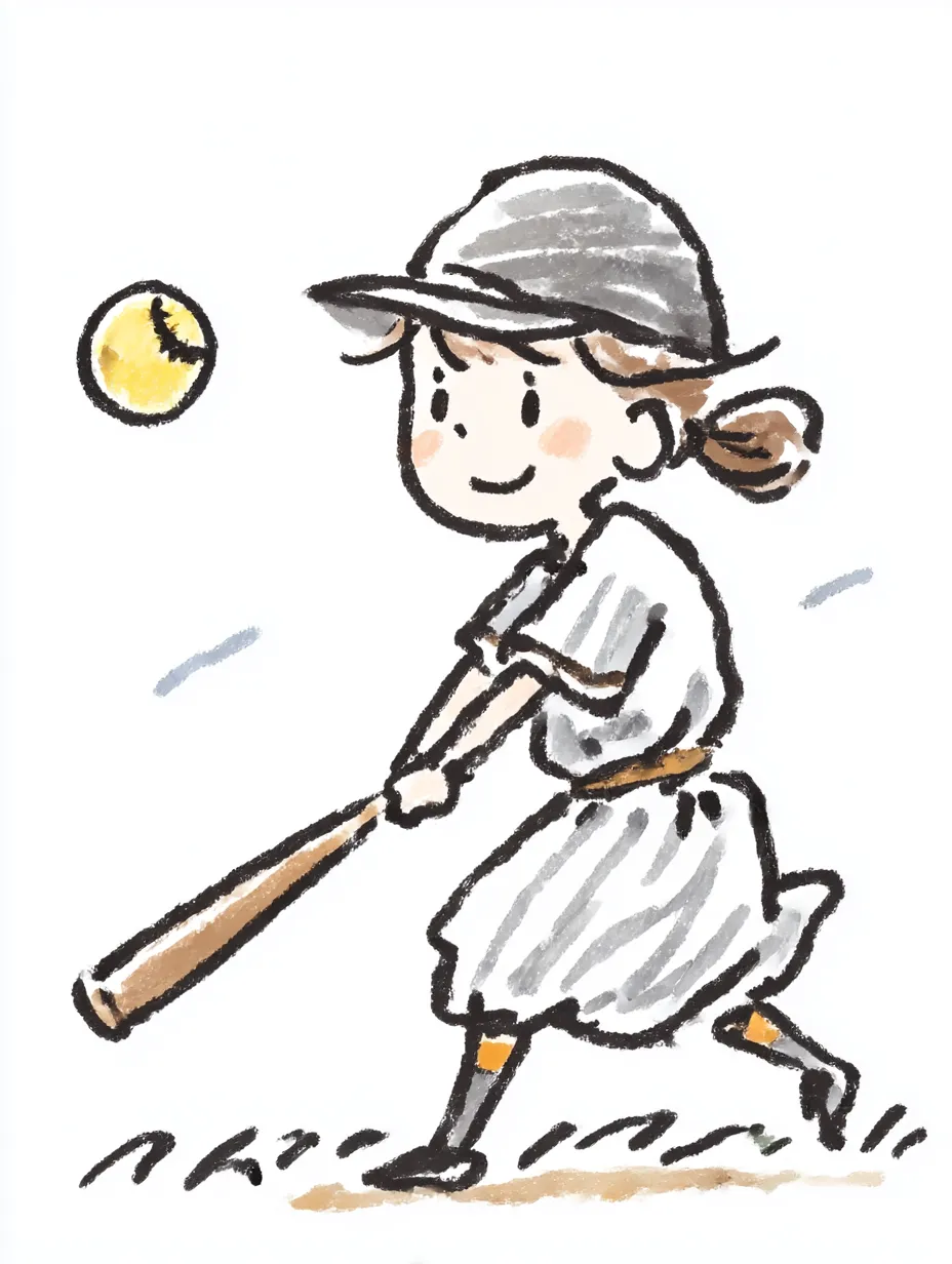 おしゃれ手書きのソフトボール打者｜バットを振る瞬間の女の子を、おしゃれ手書きのタッチで活き活きと描写。動きのある線と色合いがプレーの楽しさを伝える魅力的な一枚です。