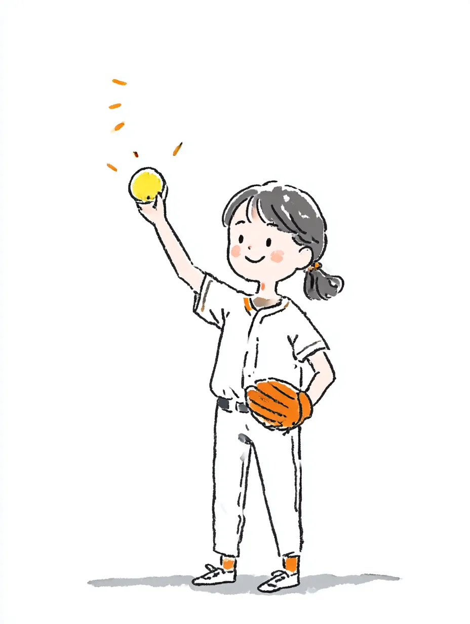 おしゃれ手書きのソフトボール投手｜明るく自信に満ちた笑顔の女の子がボールを掲げる姿を、おしゃれ手書きのタッチで爽やかに仕上げました。元気と前向きさを感じるデザインです。