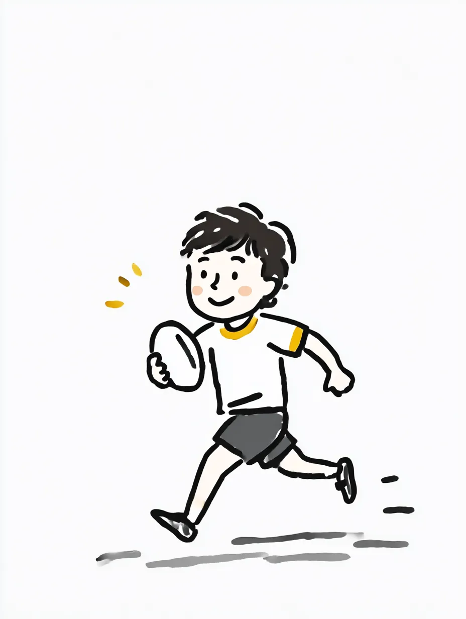 おしゃれ手書きのラグビー少年｜シンプルで親しみやすい線描と明るい配色で、ラグビーボールを持って走る男の子を表現。おしゃれ手書きの軽快なタッチが元気な印象を引き立てています。