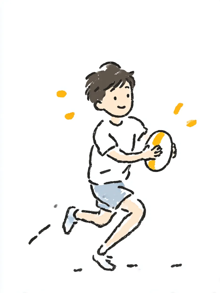 おしゃれ手書きのラグビー走者｜柔らかい線と落ち着いたトーンでまとめられたおしゃれ手書きの描写が、ラグビーボールを抱えて走る少年の自然な動きをのびやかに伝えます。