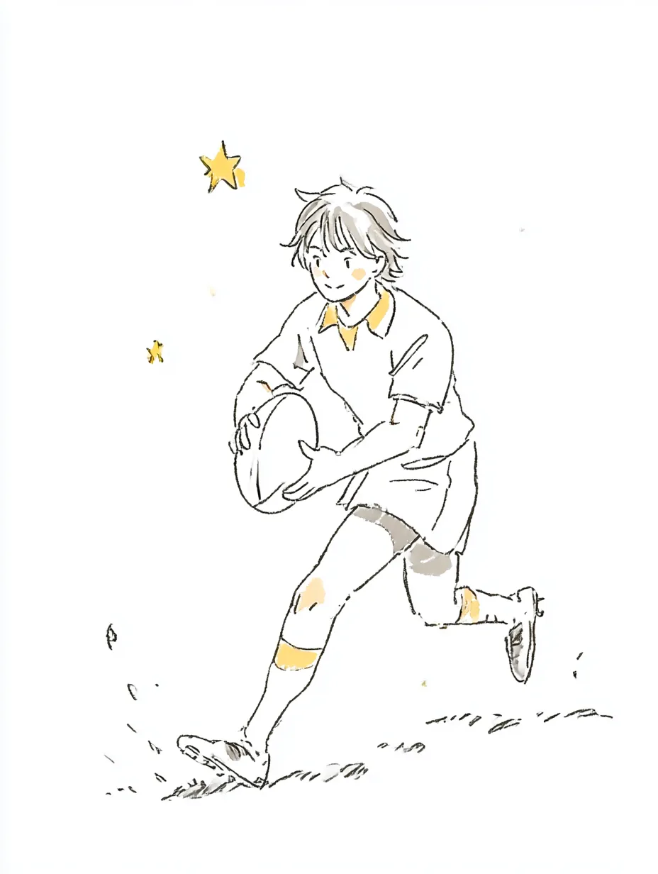 おしゃれ手書きのラグビー選手｜繊細な線で描かれた構図が印象的な一枚。おしゃれ手書きの優しい表現が、ラグビープレイヤーの真剣なまなざしと緊張感を静かに映し出しています。