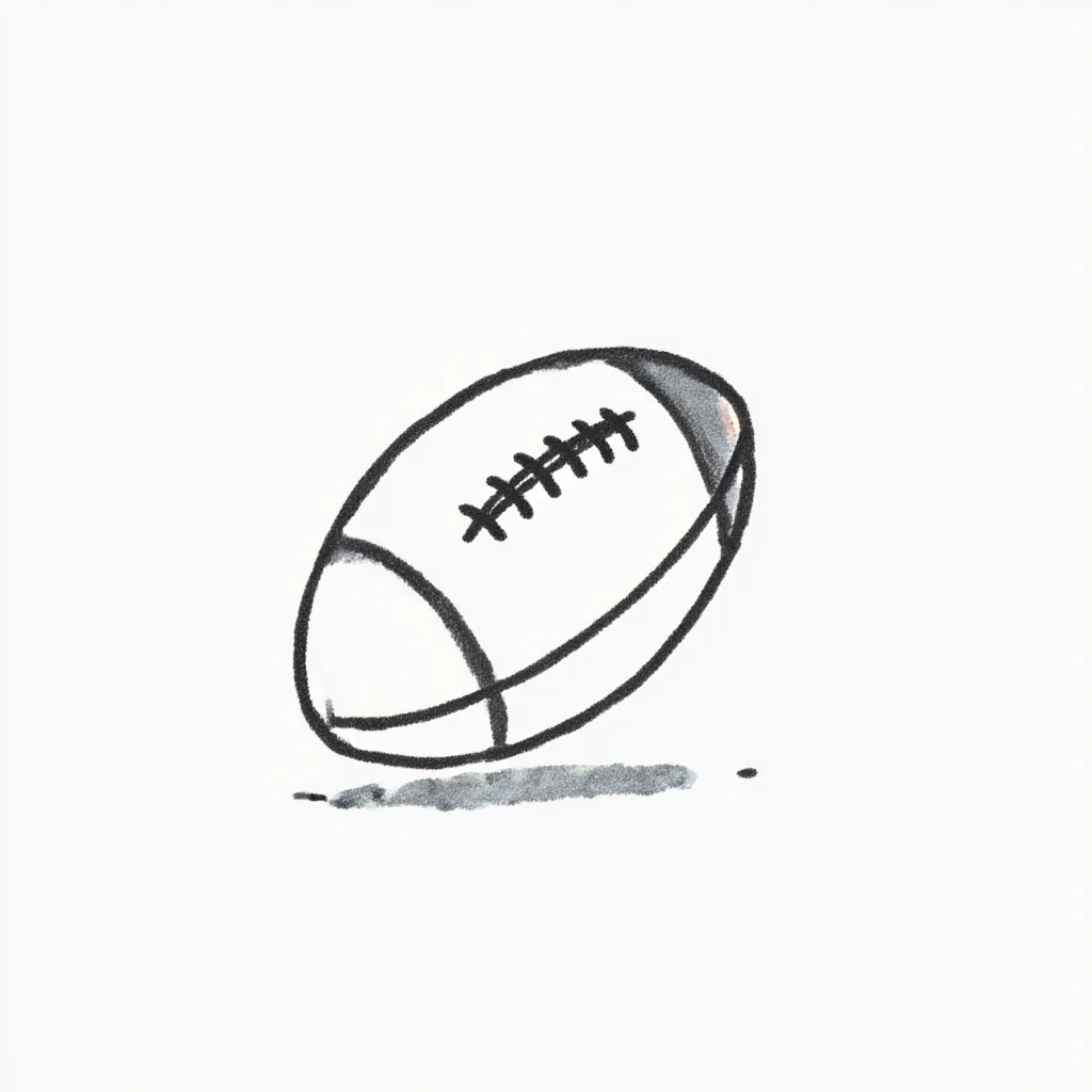 おしゃれ手書きのラグビーボール｜黒の太線と淡い影で描かれた楕円形のラグビーボールが印象的。おしゃれ手書きのシンプルなスタイルが洗練された素材感を生み出しています。