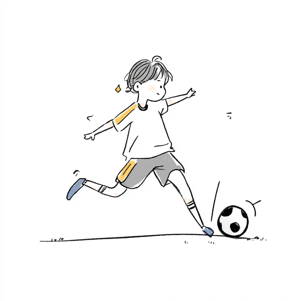 おしゃれ手書きのサッカーシュート｜足を振り抜く瞬間をとらえたおしゃれ手書きのサッカーシュート。線のリズムと構図のメリハリが、元気で活発な空気感を引き出しています。