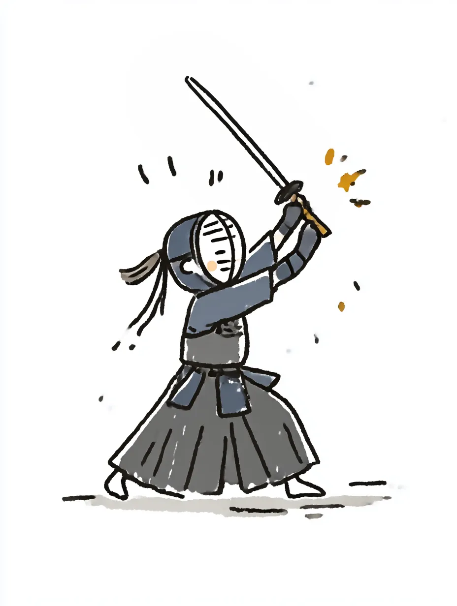 おしゃれ手書きの剣道構え｜竹刀を高く振り上げる構えを、おしゃれ手書きの勢いある筆致で描写。シンプルながら迫力のある構図が、競技の緊張感を軽やかに表現しています。