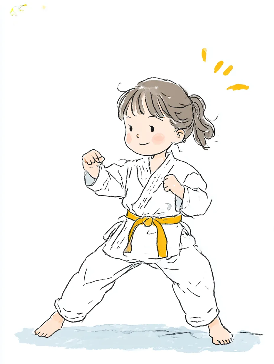 おしゃれ手書きの空手少女｜明るい笑顔と構えの姿勢が印象的な女の子を、おしゃれ手書きの柔らかなタッチで描写。動きとやる気を優しく伝える爽やかな雰囲気です。