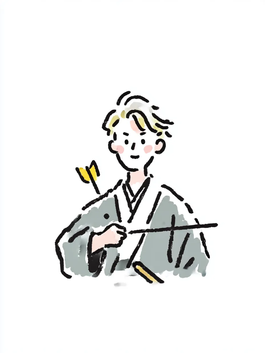 おしゃれ手書きの弓道男子｜淡い色彩とゆるやかな線で描かれた弓道男子が、親しみやすくやさしい印象を与える一枚。おしゃれ手書きのタッチが、伝統的な武道の雰囲気を軽やかに表現しています。
