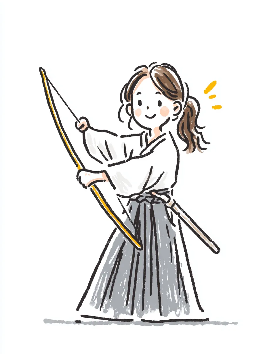 おしゃれ手書きの弓道女子（準備中）｜弓を手にして微笑む姿が印象的で、緊張感よりも穏やかな空気感が広がる作品。おしゃれ手書きのスタイルが素朴な魅力をナチュラルに演出しています。