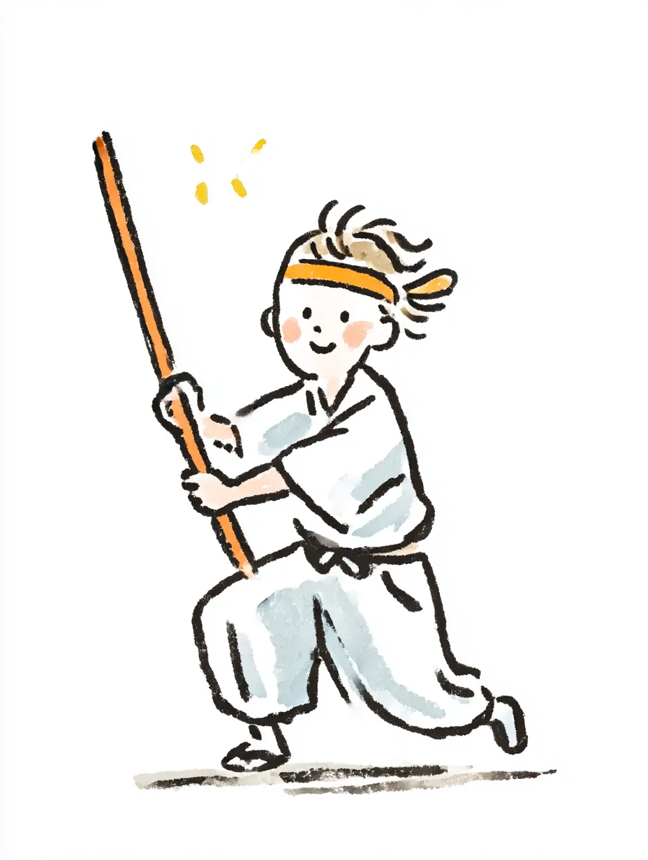 おしゃれ手書きのなぎなた男子｜元気な動きと表情が軽快に表現され、見る人を明るい気持ちにさせてくれる構図。おしゃれ手書きの描線が、伝統武道を楽しく親しみやすく見せています。