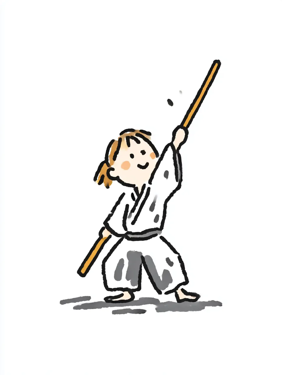おしゃれ手書きのなぎなた女子｜スッと伸びた棒の先を見上げる構図が凛々しく、静かな強さが感じられる作品。おしゃれ手書きの仕上がりが清潔感のある印象を際立たせています。