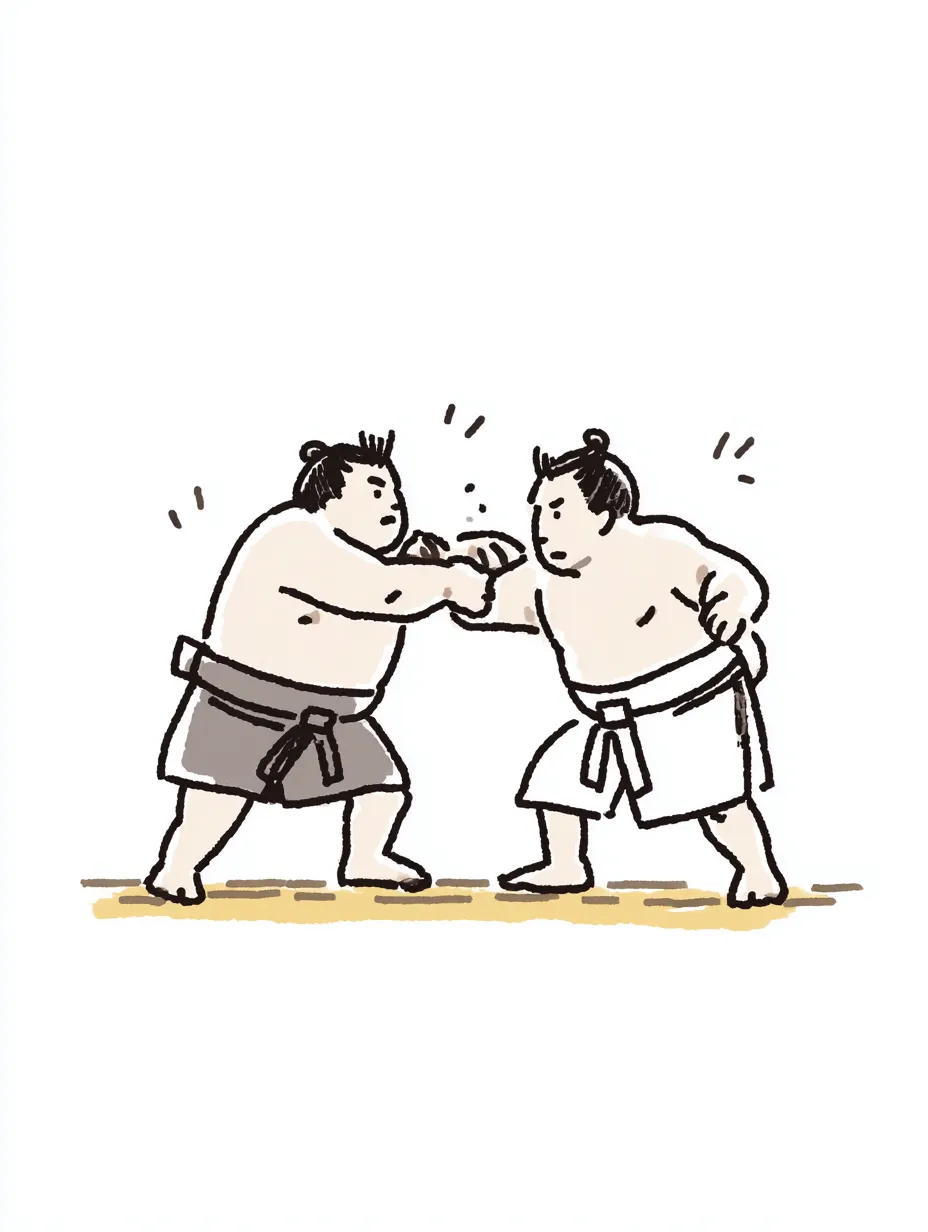 おしゃれ手書きの相撲取りたち（攻防）｜相撲の攻防の一瞬をとらえた、緊張感のある構図が特徴。おしゃれ手書きの描線と配色で親しみやすく、ほどよい温かみがあります。