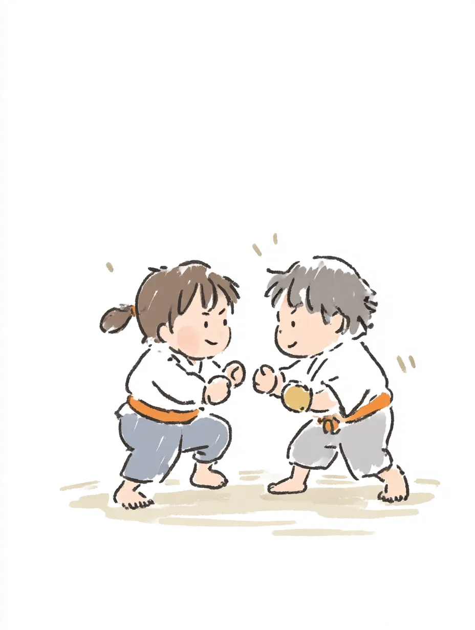 おしゃれ手書きの子ども相撲対決｜お互いに構え合う様子が微笑ましく、安心感のある色合いで描かれた子ども相撲。おしゃれ手書きの表現が親しみと元気さを自然に引き出しています。