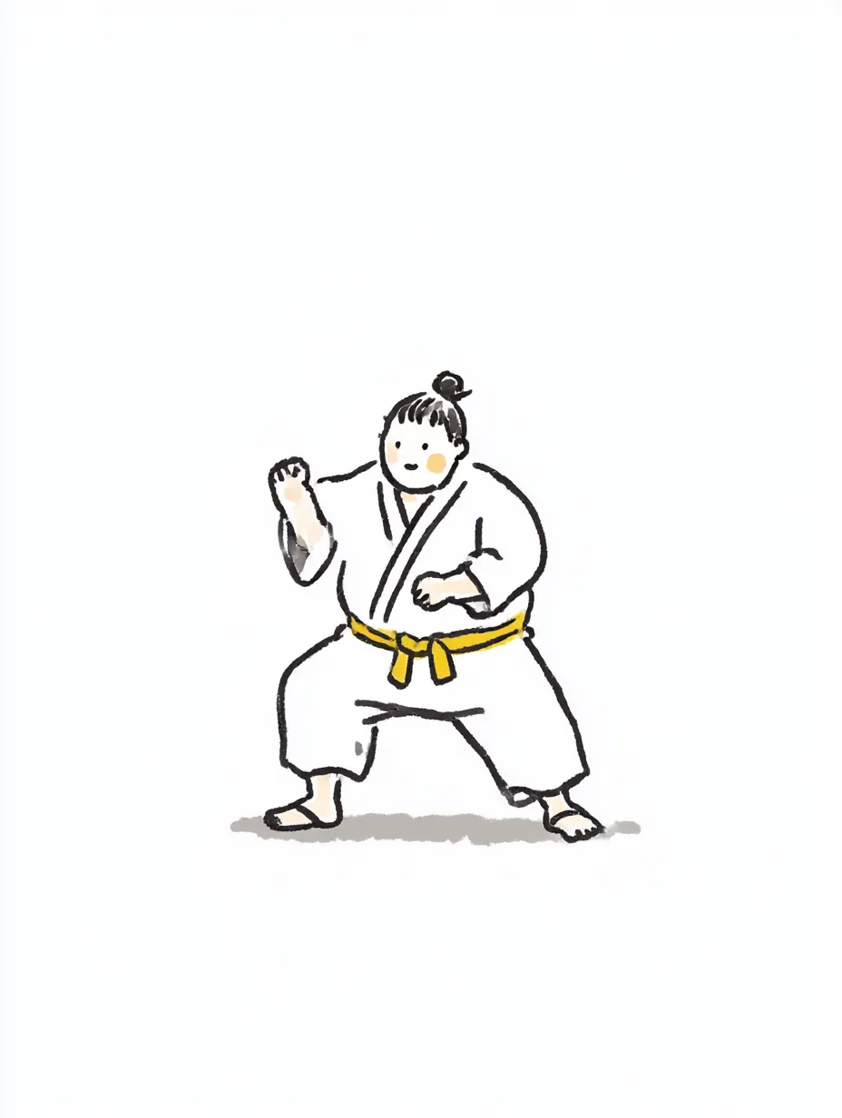 おしゃれ手書きの力士キッズ｜可愛らしい子ども力士が真剣に構える姿が印象的で、柔らかな線が緊張感を和らげています。おしゃれ手書きのタッチで楽しい武道シーンに。