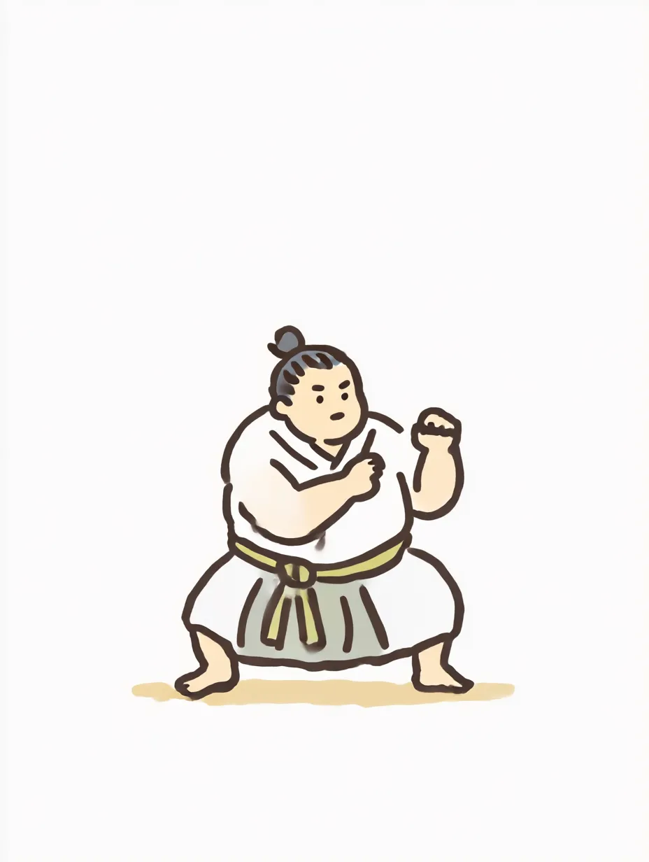 おしゃれ手書きのお相撲さん構え｜大きな体を低く構えるシルエットが迫力満点で、太線とシンプルな配色が印象的。おしゃれ手書きの描写で力強さに温かみが加わっています。