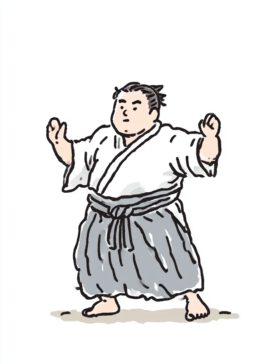 おしゃれ手書きの力士ポーズ｜堂々とした構えの中に、穏やかな表情が添えられた力士の一場面。おしゃれ手書きの雰囲気が、厳しさの中に優しさを感じさせてくれます。