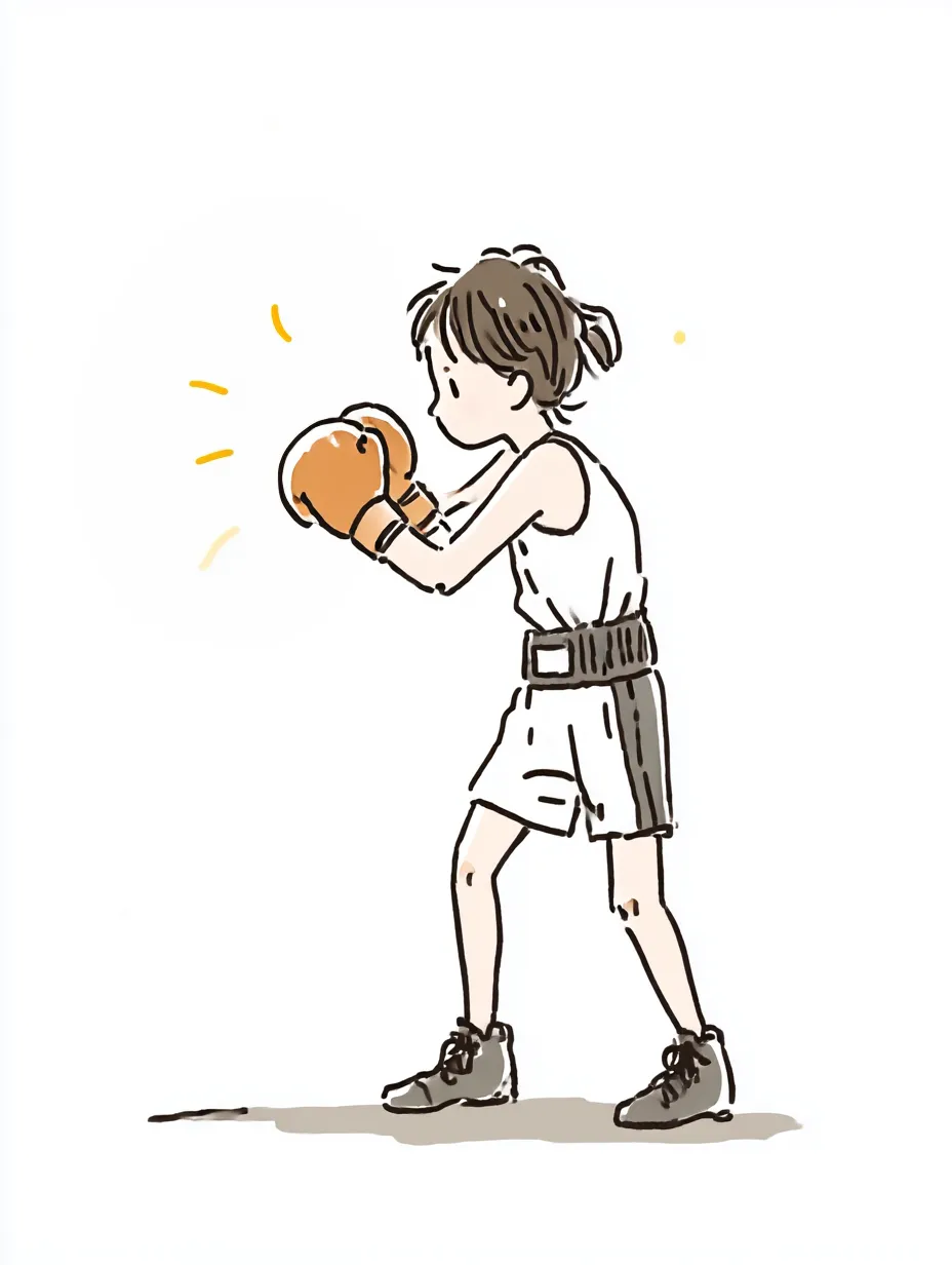 おしゃれ手書きのボクシング女子｜軽やかな構えと真剣な眼差しが調和した、凛とした雰囲気の作品。おしゃれ手書きのタッチが女性らしさと力強さを丁寧に描き出しています。
