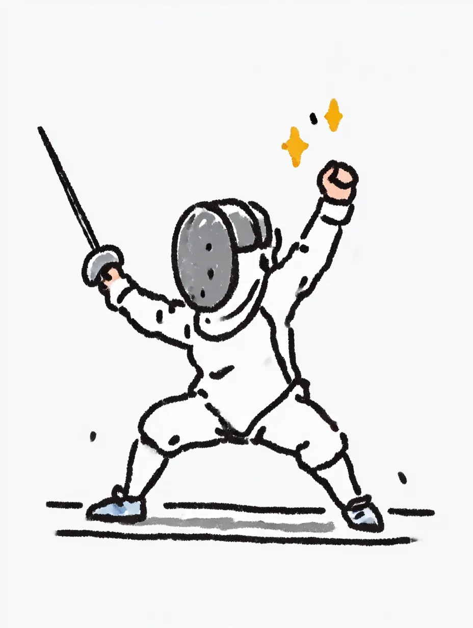 おしゃれ手書きのフェンシング選手｜マスク越しでも伝わる力強さが印象的な構図。黒の線でシャープに形を取った中に、控えめな彩色が映えるおしゃれ手書きの表現で、競技の緊張感と集中力を表している。