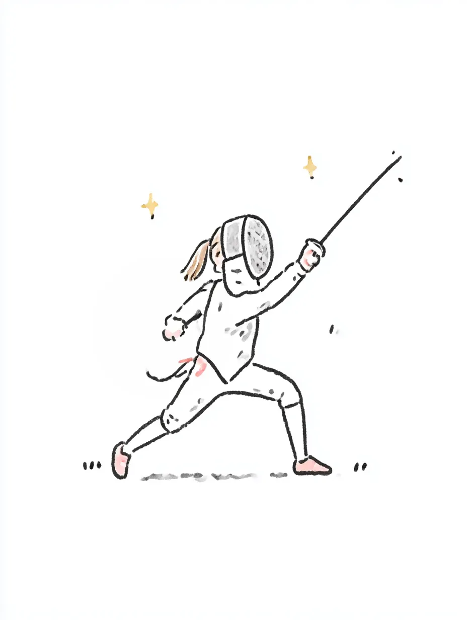 おしゃれ手書きのフェンシング構え｜剣を突き出す美しいフォームを、おしゃれ手書きの淡い色づかいと軽やかな線でやさしく描写。画面全体に広がりを感じる構図が、爽やかなスポーツ感を演出している。