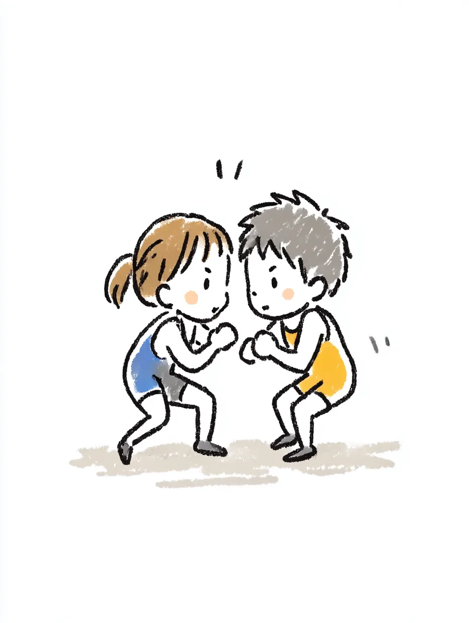 おしゃれ手書きのレスリング構え｜向かい合う男女の選手が腰を落とした姿勢で構える様子を、おしゃれ手書きのやさしい線で描写。柔らかなタッチが親しみやすく、競技の緊張感を自然体で伝えてくれる。